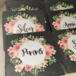 Personalised Slate Coaster with Flower Wreath - Keepsake Gift Any Wording - Name Slates